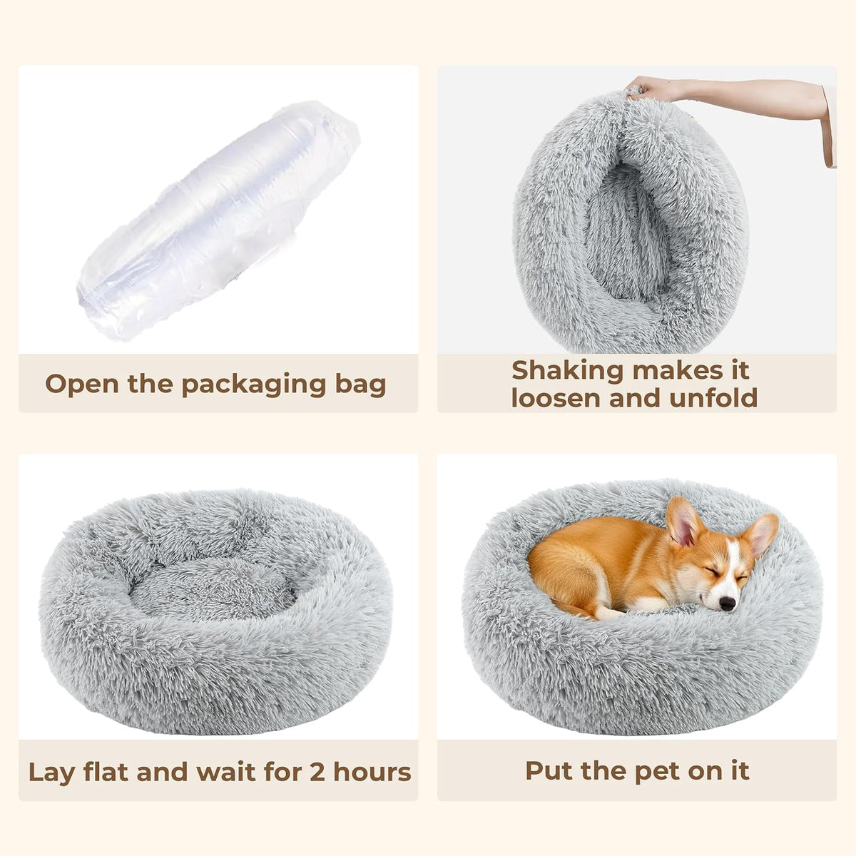 Calming Donut Dog Bed for Small Dogs, Anti-Anxiety Round Washable Plush Fluffy Faux Fur Large Cat Bed, 24 inches Fits up to 25 lbs Pets, Anti-Slip Waterproof Mute Base Gray