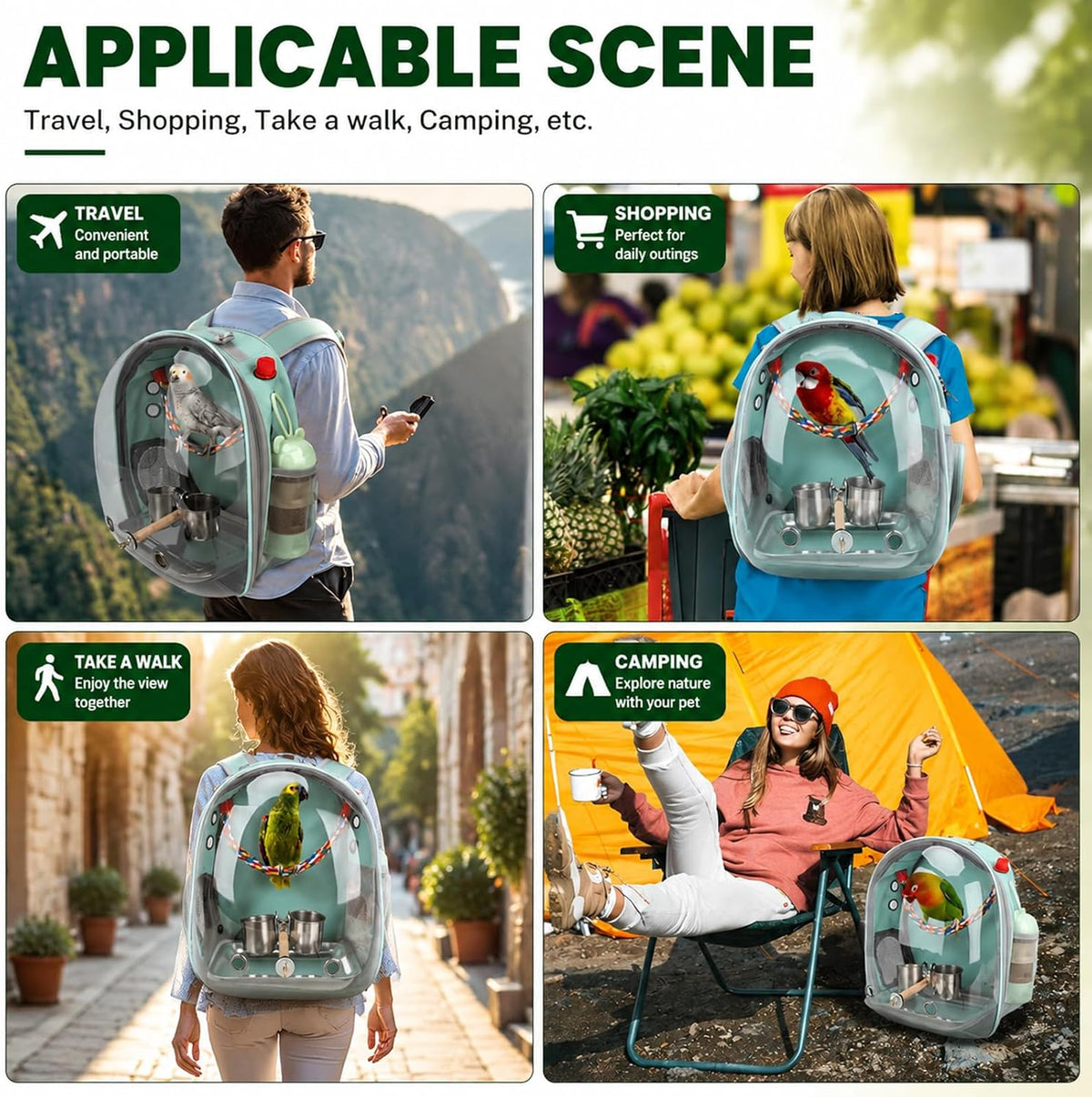 Rypet Bird Backpack Carrier, Bird Travel Cage for Parrots with Tray (Green)