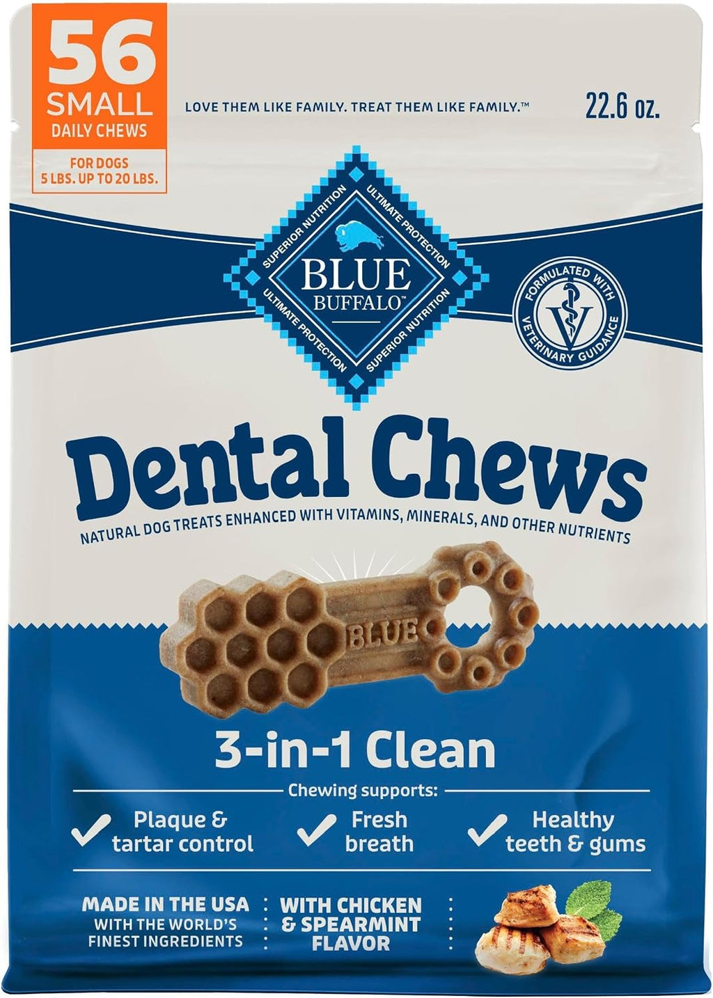 Blue Buffalo Chicken & Spearmint Small Dental Chews, 22.6 oz, 56 ct