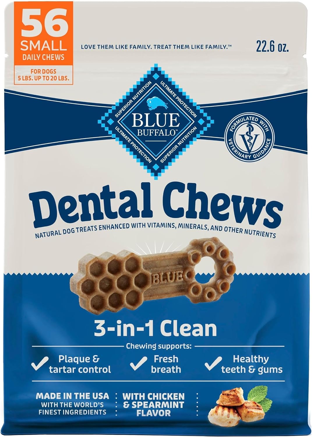 Blue Buffalo Chicken & Spearmint Small Dental Chews, 22.6 oz, 56 ct