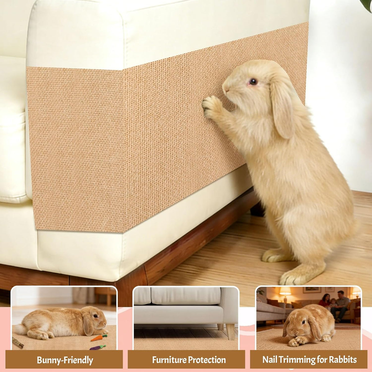 Rabbit Scratching Pad Set, 12 Inch X 6.56 Bunny Scratch Pad with Bunny Toys & Scissors, Trimmable Self-Adhesive Mat for Claw Teeth Care, Cage & Furniture Protector for Rabbits Small Animals