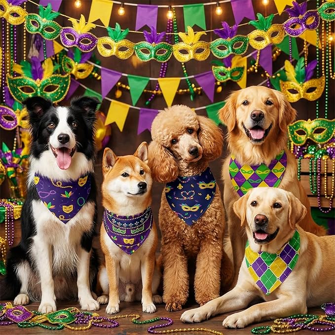 Abbylike 50 Pcs Mardi Gras Dog Bandanas Bulk Purple Green and Gold Bandanas - Image 6