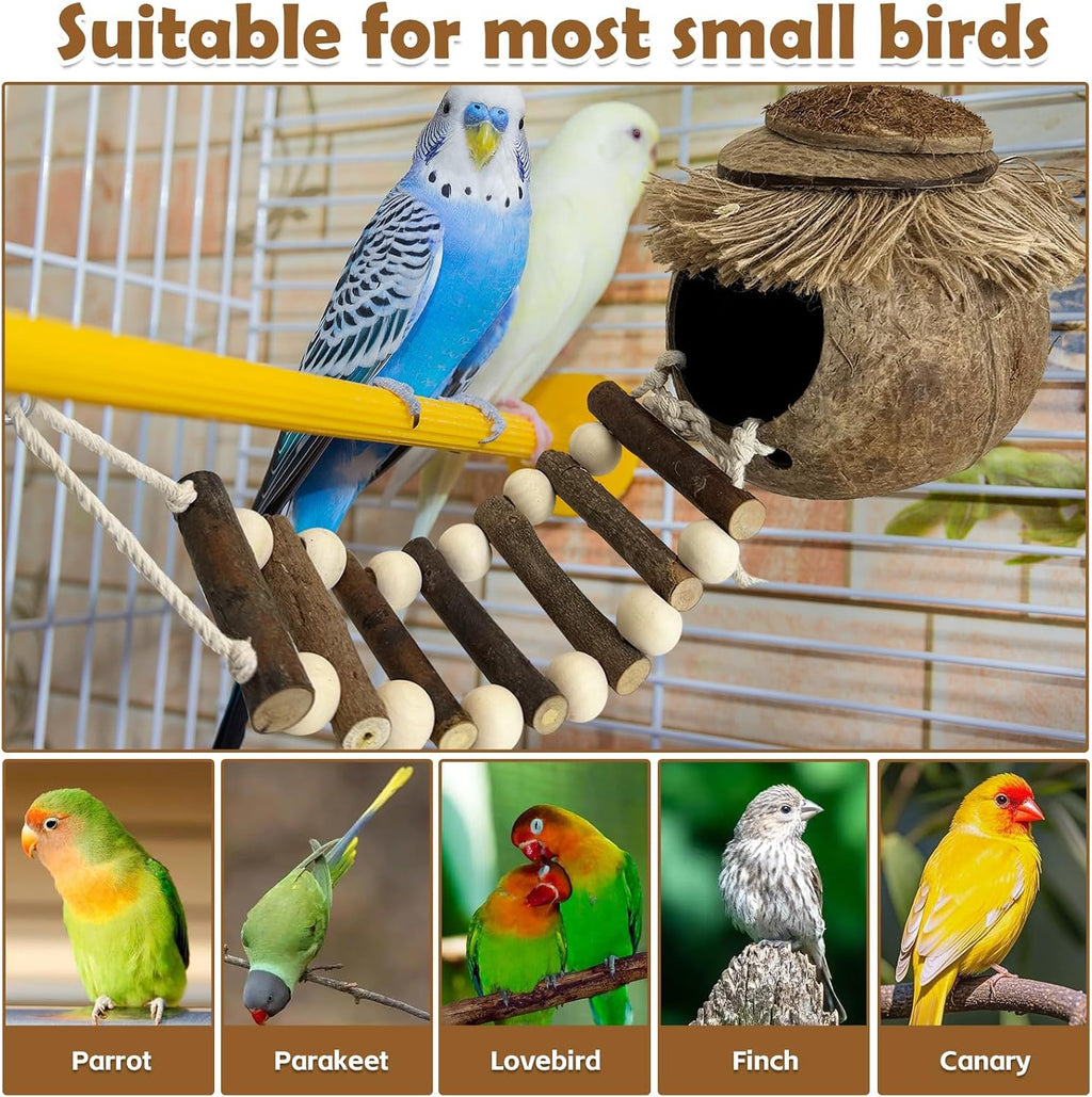 PINVNBY Hanging Coconut Bird Nest Hut with Ladder, Natural Coconut Hide Lovebird House Fruit Wood Bird Swing for Parakeet Cockatiel Budgie Conure Canary Finch Budgies