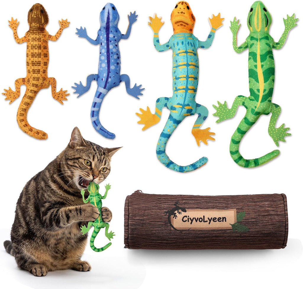 Plush Lizard Catnip Toys with Tree Trunk-shaped Pouch 5 Pack