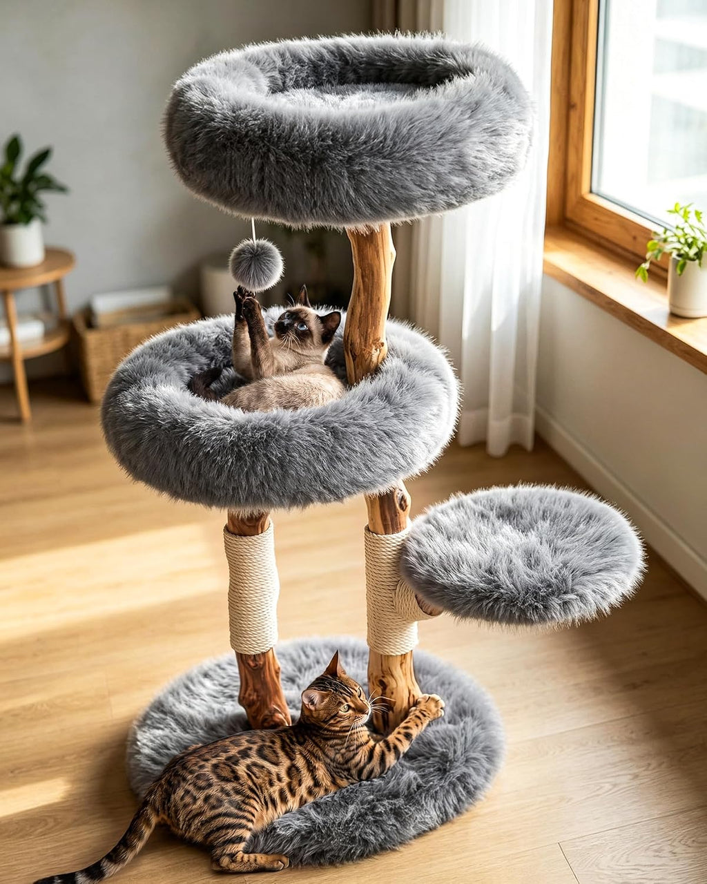 Solid Wood Cat Tree, Boho Modern Cat Tree Tower with Pear Branch
