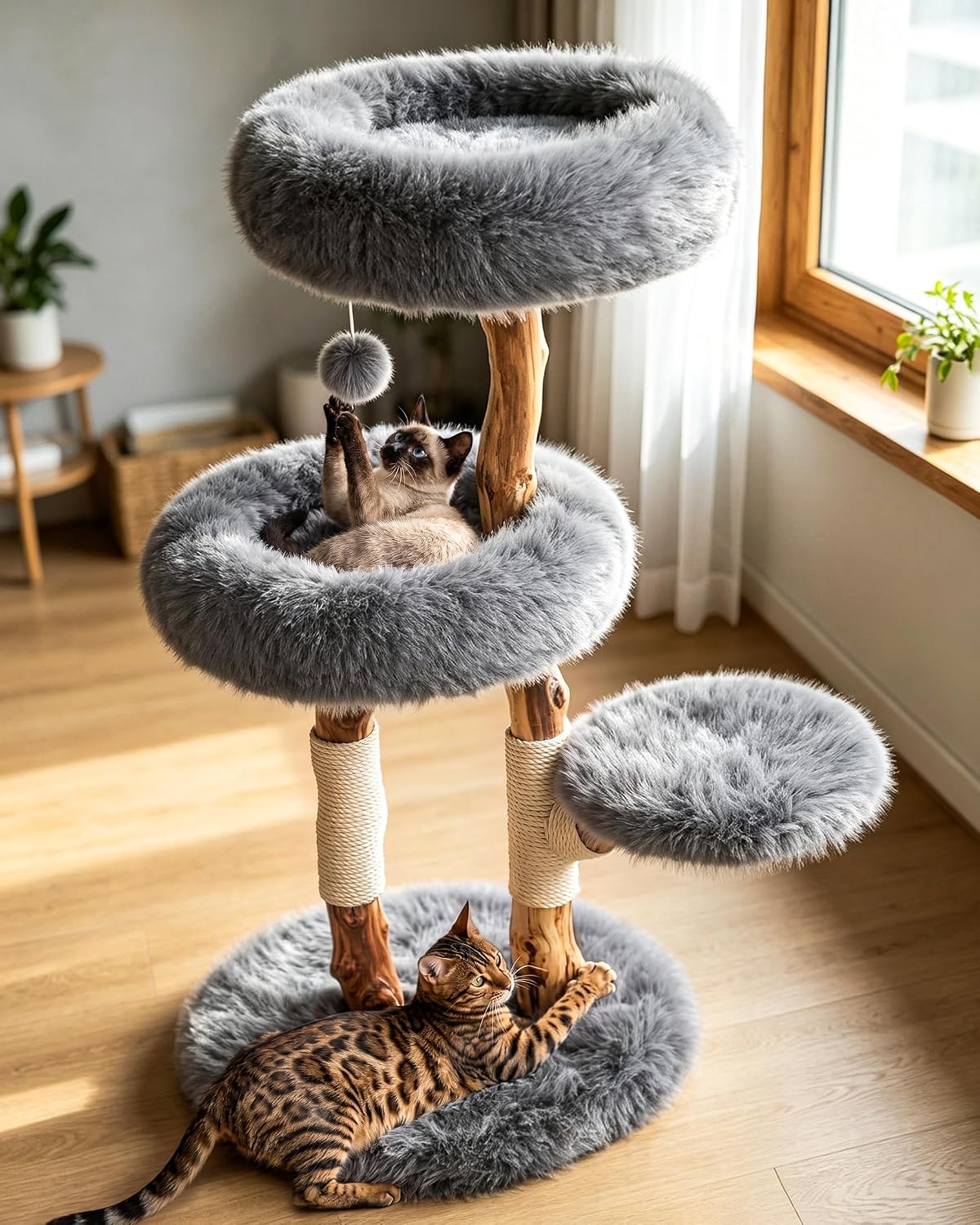 Solid Wood Cat Tree, Boho Modern Cat Tree Tower with Pear Branch