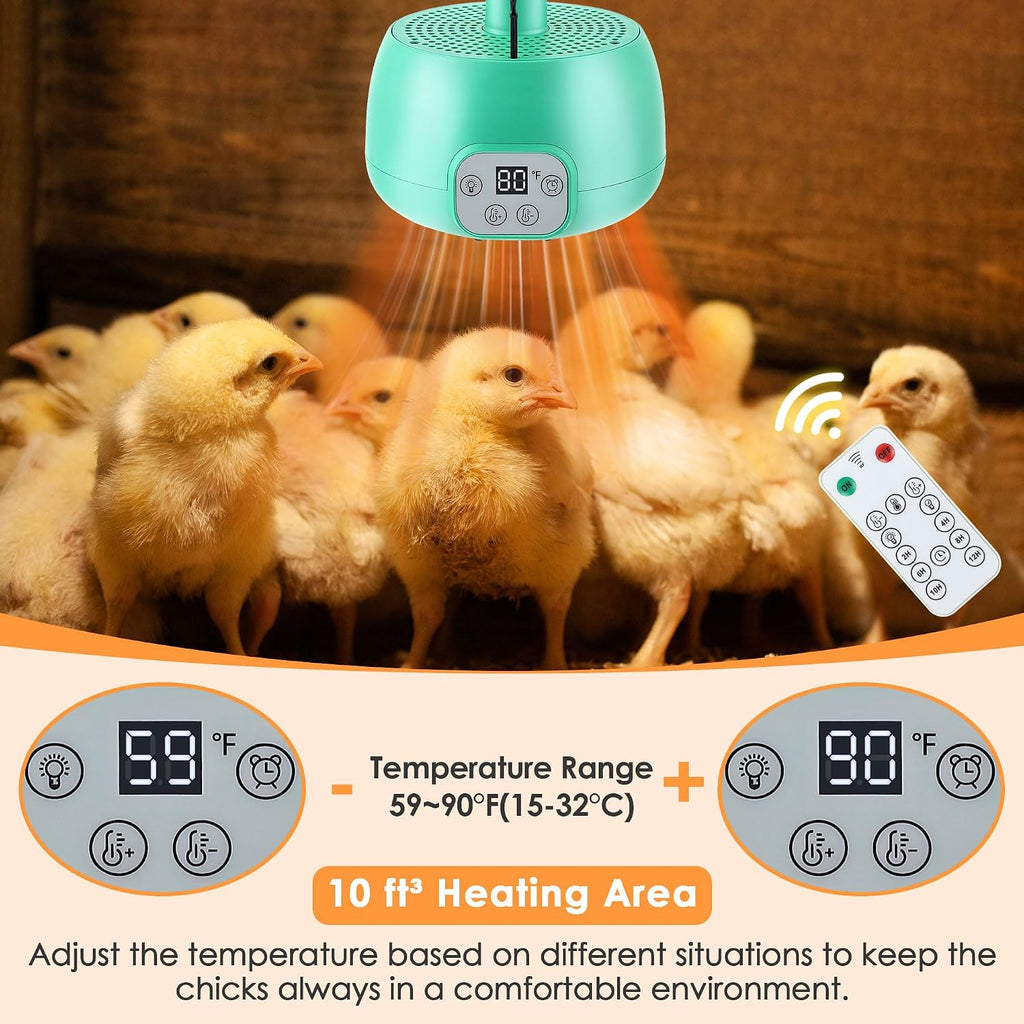 1 Pack Chicken Coop Heater with Remote Control, Timing Chicken Heat Lamp, Smart Temperature Control Chick Brooder Heater, 5 ft Ultra Long Cable Reptile Heating Lamp for Chicks Duck Dog Pet
