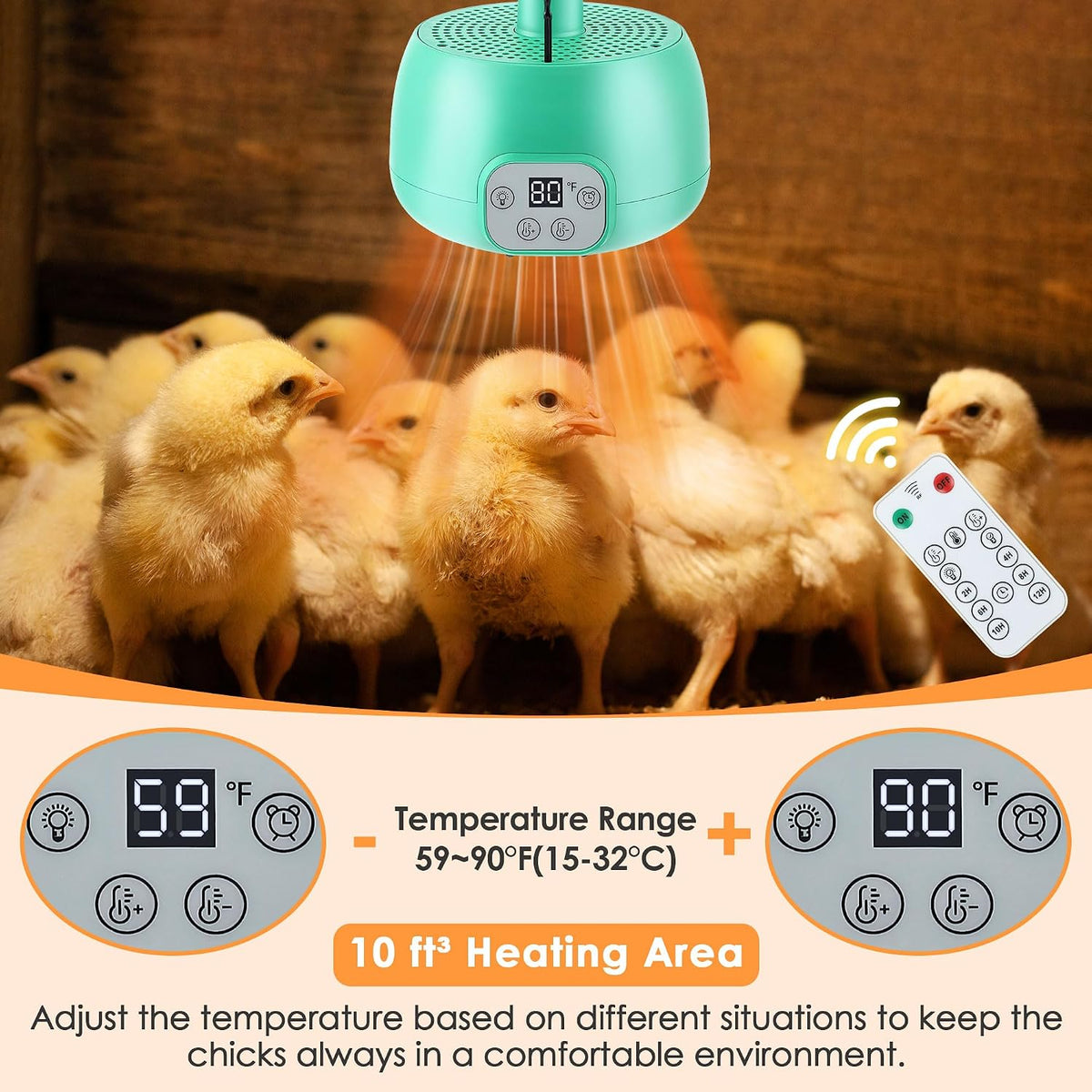 1 Pack Chicken Coop Heater with Remote Control, Timing Chicken Heat Lamp, Smart Temperature Control Chick Brooder Heater, 5 ft Ultra Long Cable Reptile Heating Lamp for Chicks Duck Dog Pet