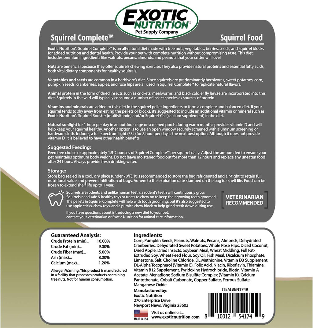 Exotic Nutrition Squirrel Complete (1.75 lb.) - Healthy Natural Food - Nutritional Diet for Pet & Captive Squirrels - Ground, Grey, Flying Squirrels, & Chipmunks