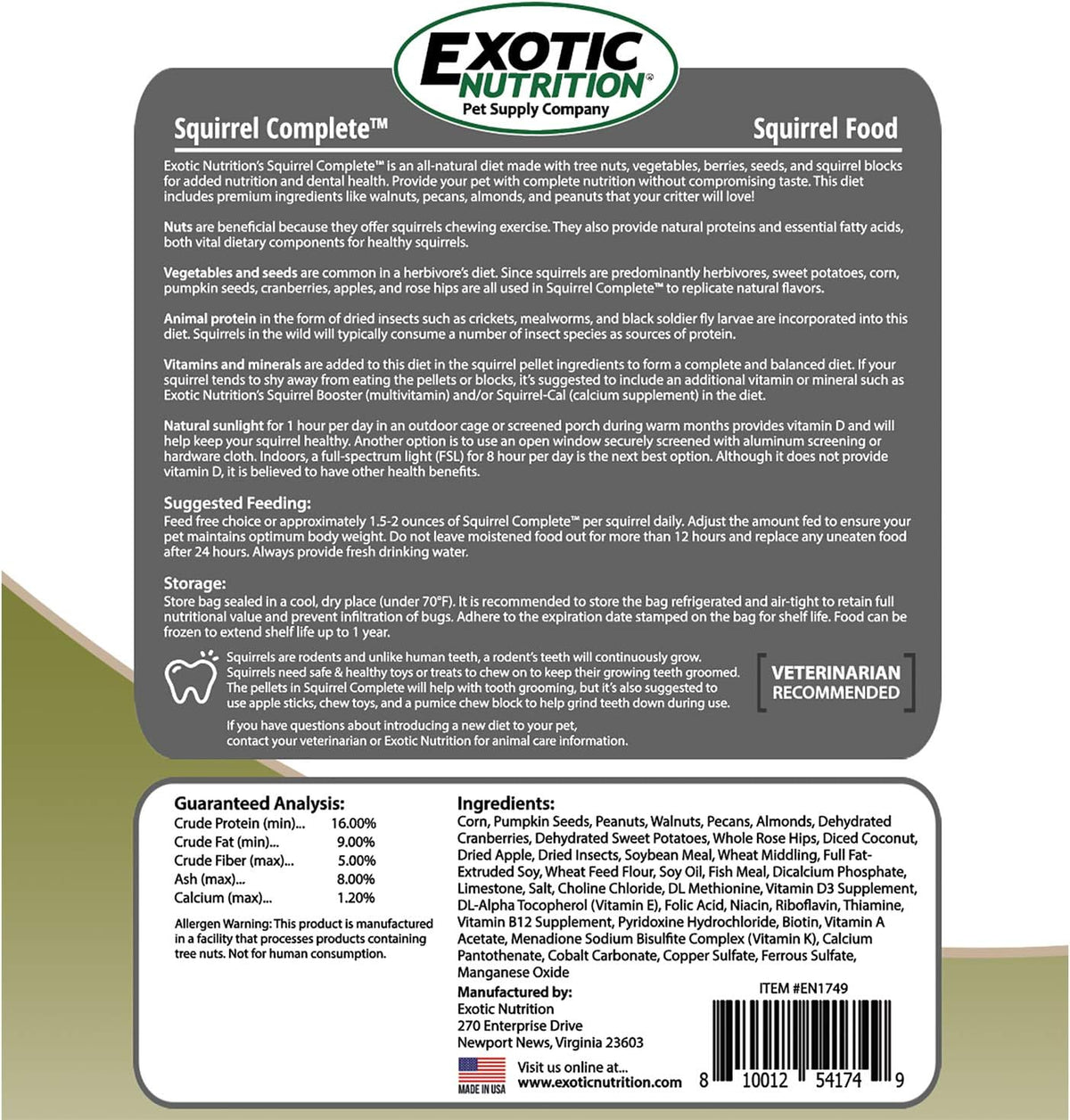 Exotic Nutrition Squirrel Complete (1.75 lb.) - Healthy Natural Food - Nutritional Diet for Pet & Captive Squirrels - Ground, Grey, Flying Squirrels, & Chipmunks