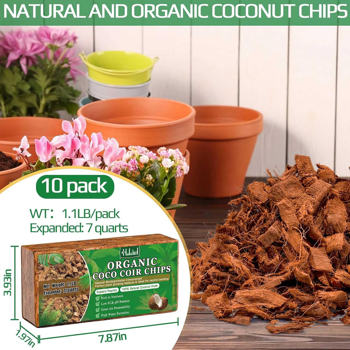 Halatool 10 Pcs Coco Husk Chips for Plants - 11 LB 100% Organic Coconut Coir Chips with Low EC and pH Balanced, Compressed Coco Substrate Growing Mulch Medium for Landscaping, Herbs, Plants, Flowers