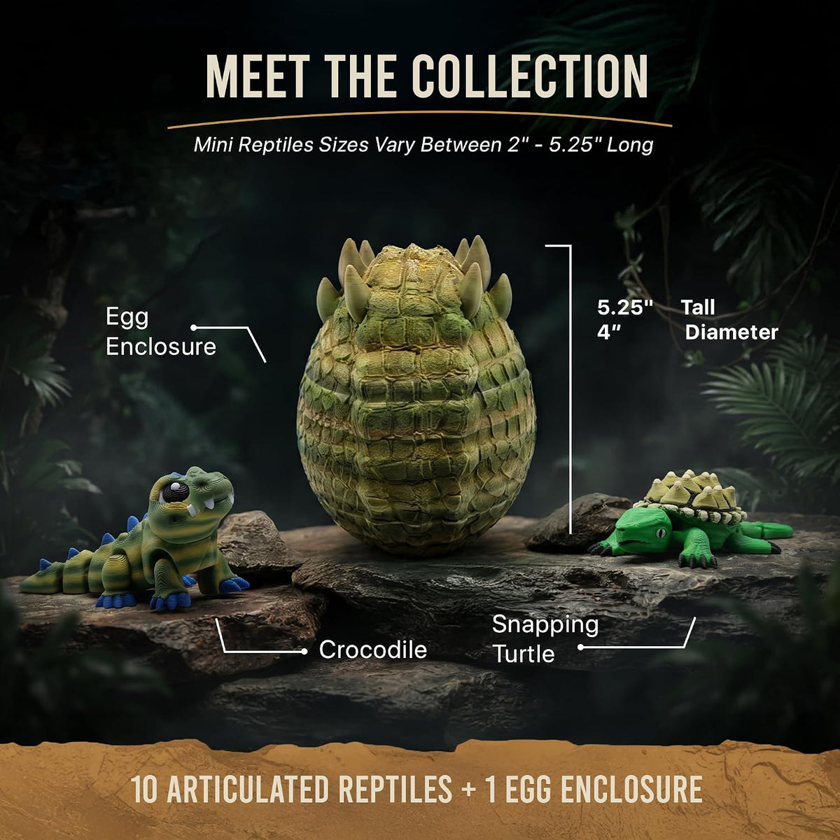 Reptile Collection Series 2 with Crocodile Egg Hatchery - 10 Articulated 3D Printed Mini Lizards, Snake & Turtles, Miniature Shelf Display for Reptile Enthusiasts, 3D Printed Lizard and Snake Set