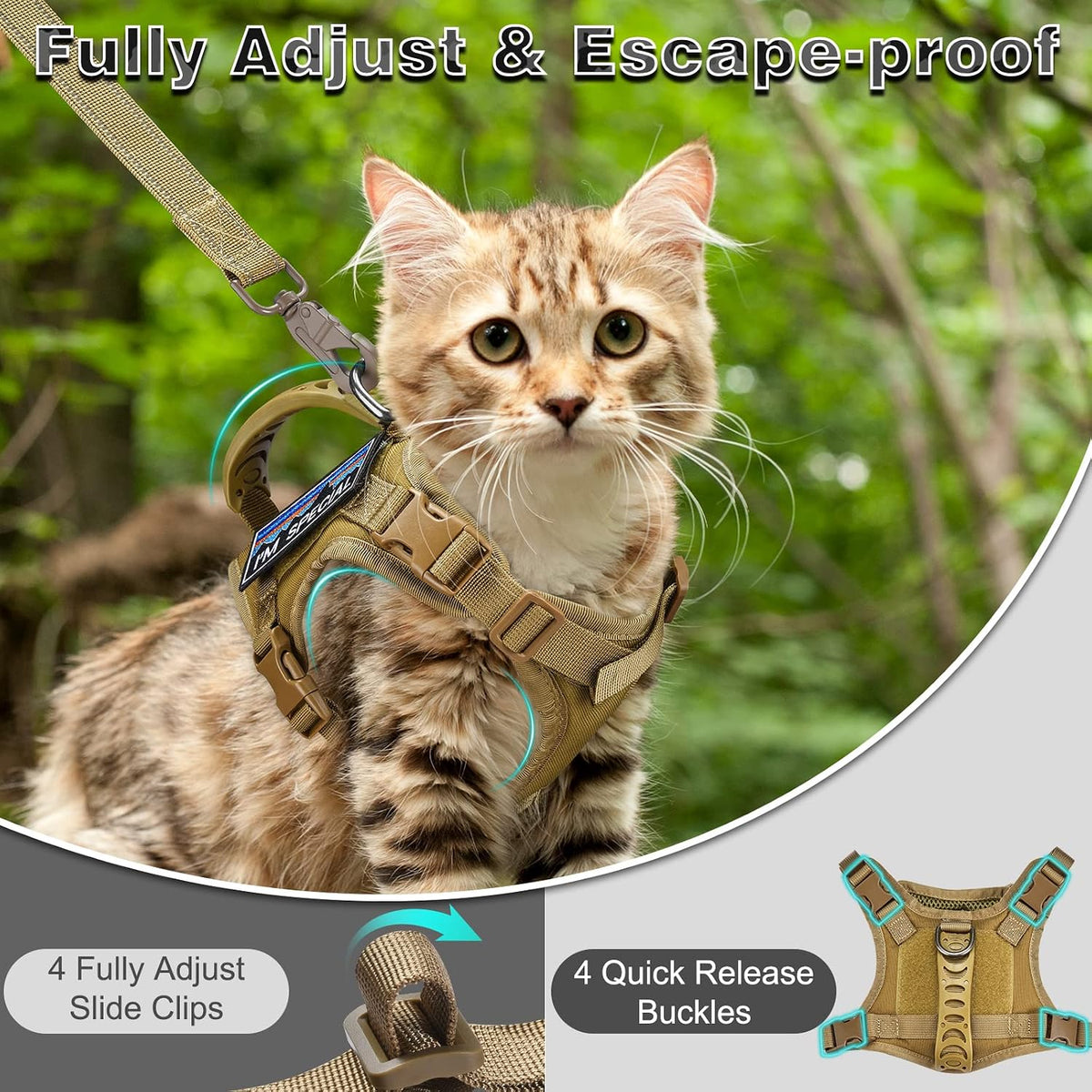 Tactical Cat Harness and Leash Set for Large Cats, Khaki, L