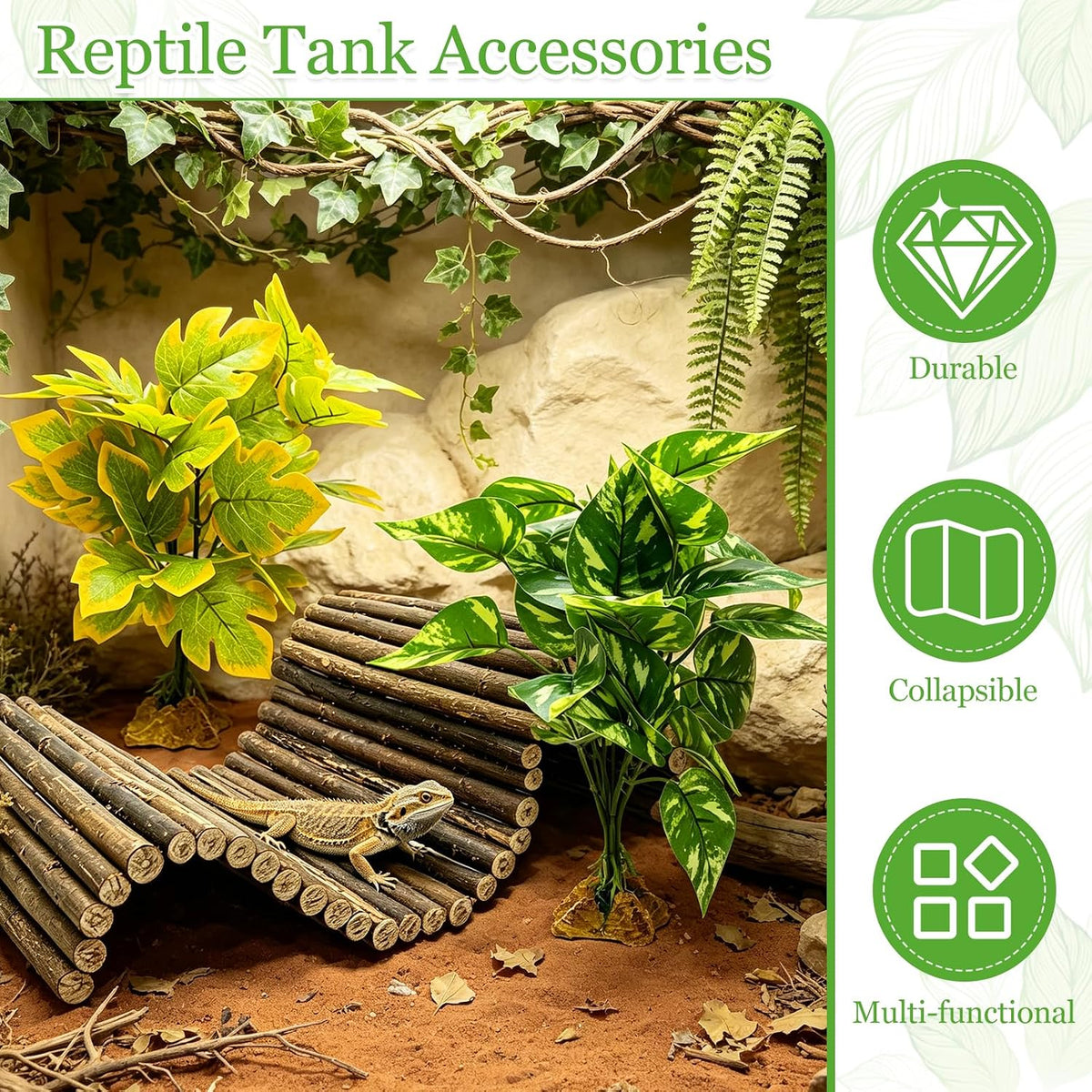 Reptile Hideout Bearded Dragon Bendable Bridge with Green Plants