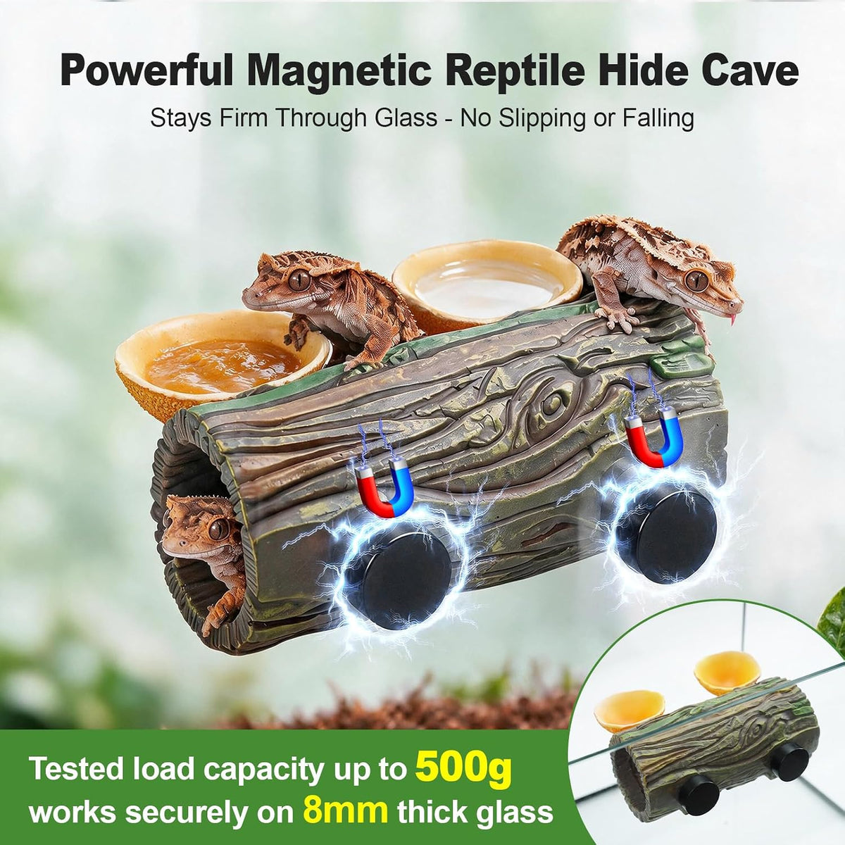 2-in-1 Magnetic Reptile Hide Cave with Dual Feeding Bowls