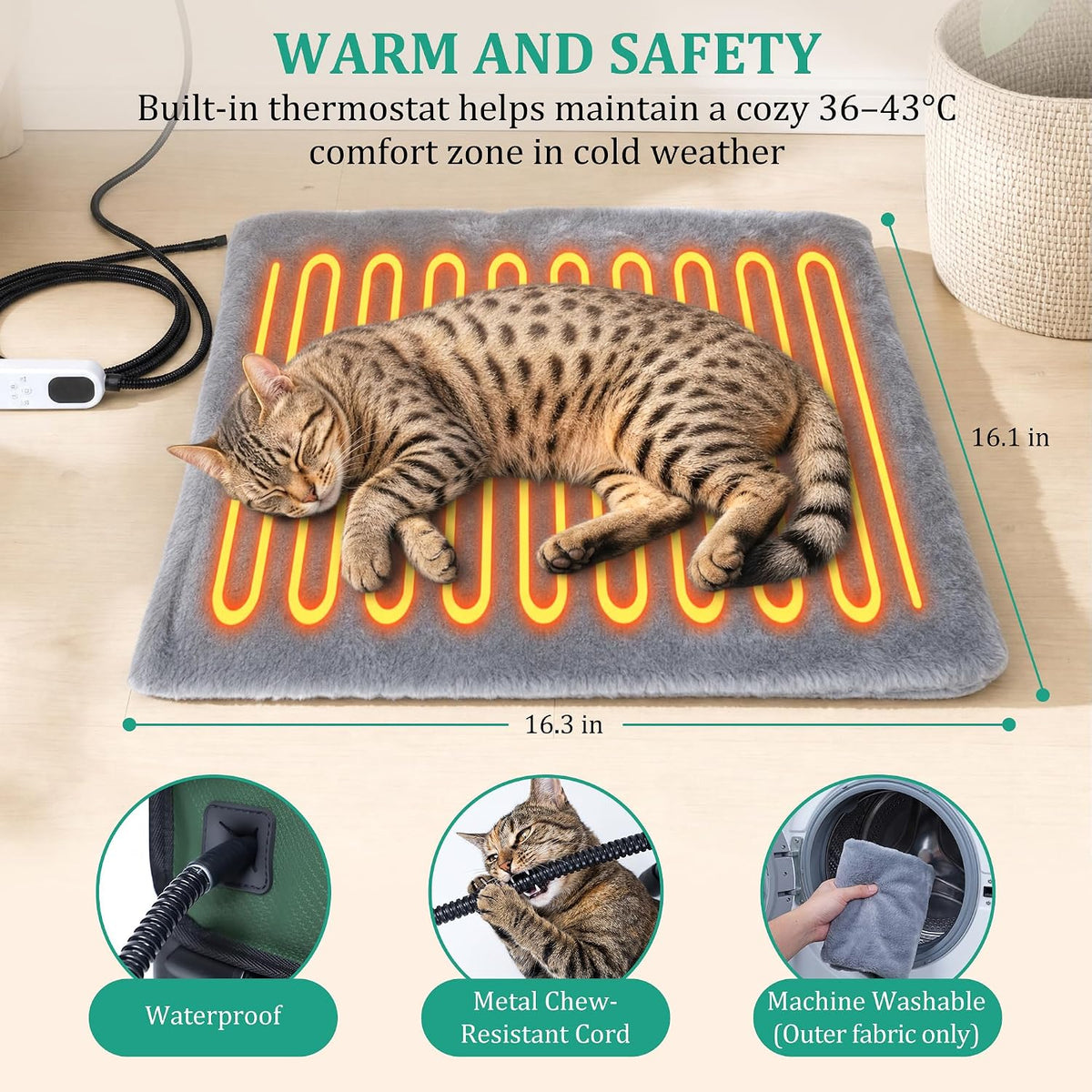 Extra Large PU Leather Heated Cat House for Outside, Waterproof Cat Houses for Outdoor Cats with Heating Pad & Escape Door, Elevated Feral Cat House for Outdoor Cats, 27.95 x 18.9 x 16.5 in (Green)
