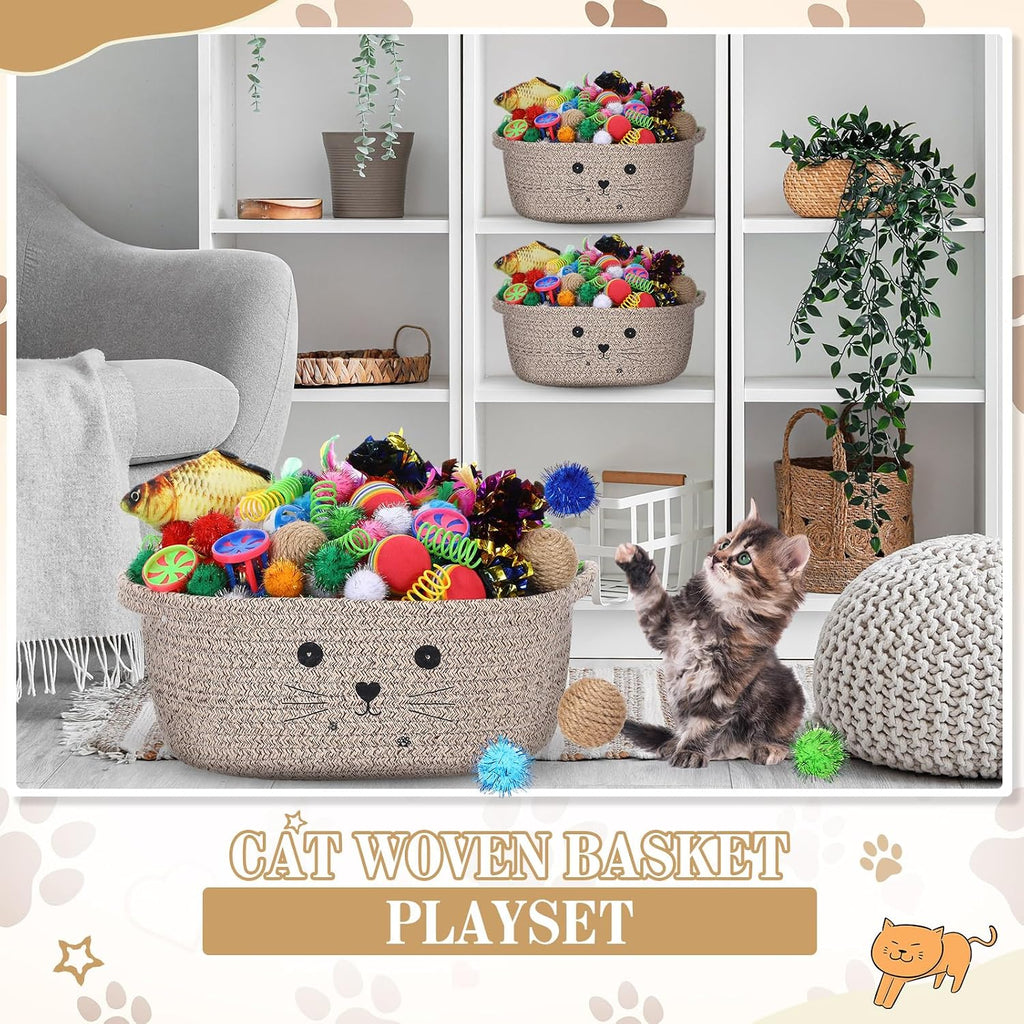 Zopeal 58 Pcs Cat Toy Set with Storage Basket Indoor, Dark Brown, 12 Inch