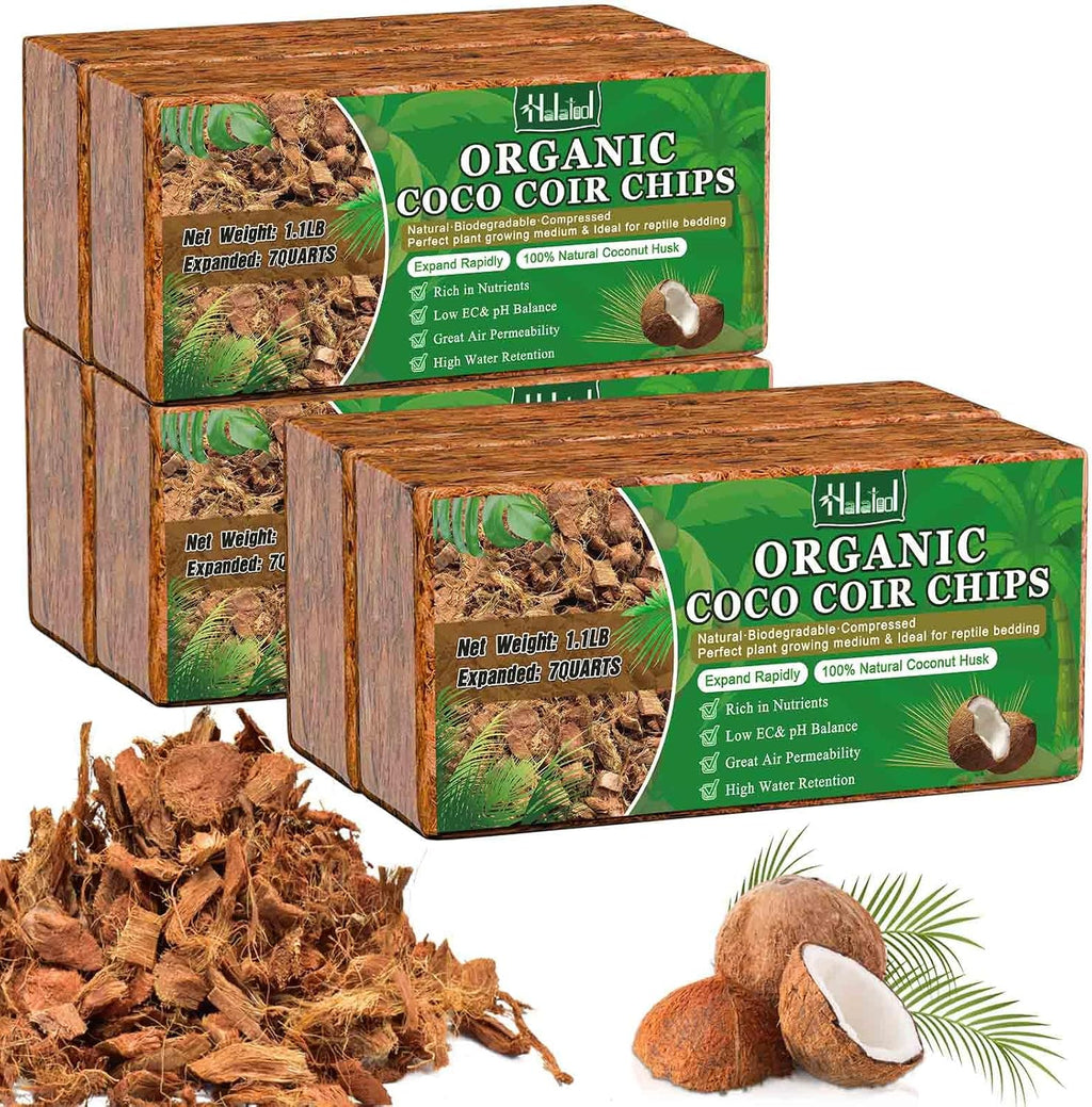 Halatool 6 Pcs Coco Husk Chips for Plants - 6.6 LB 100% Organic Coconut Coir Chips with Low EC and pH Balanced, Compressed Coco Substrate Growing Mulch Medium for Landscaping, Herbs, Plants, Flowers