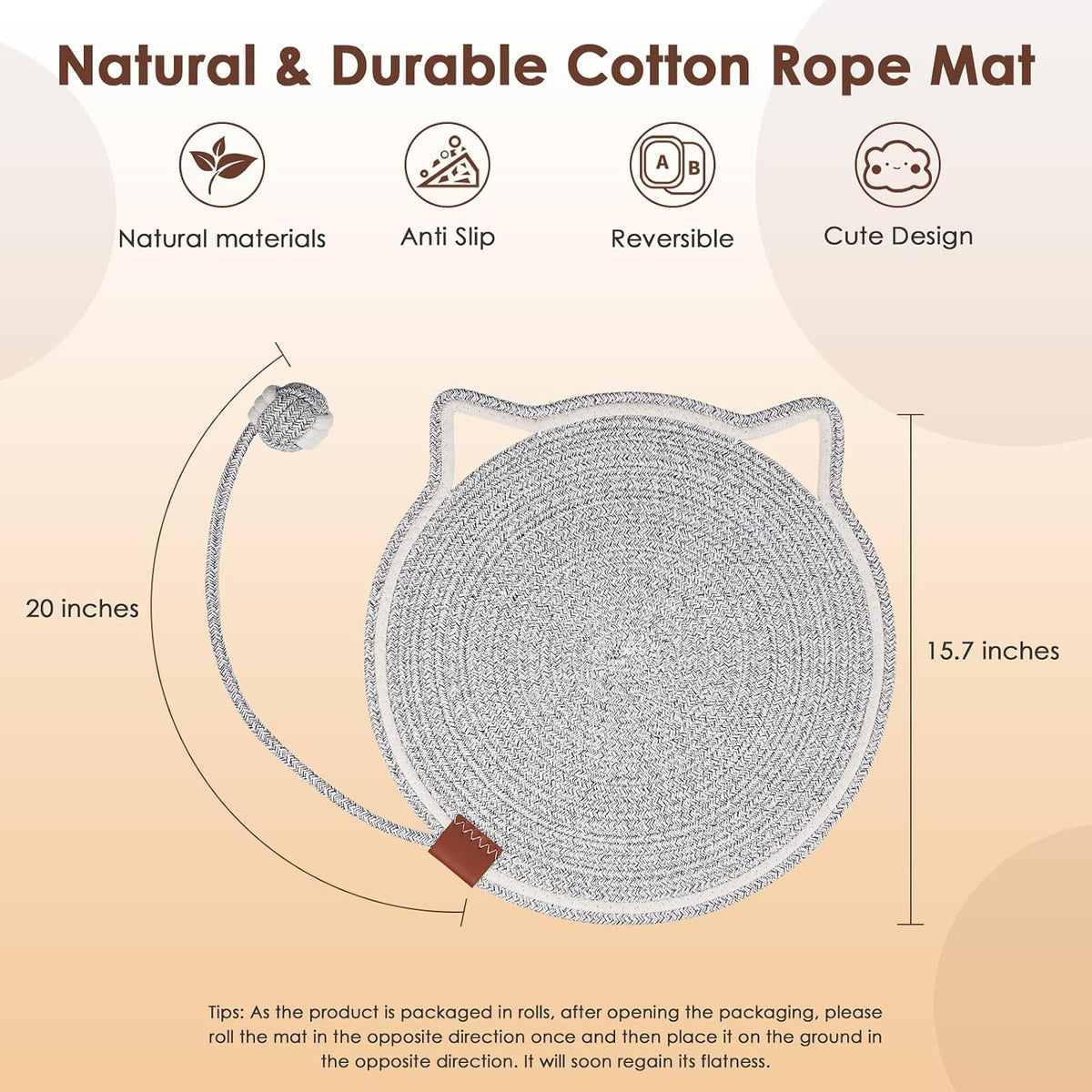 Cat Scratcher Mat, Natural Cotton Rope Cat Scratch Pad, 15.7'' Round Horizontal Floor Cat Scratching Pads for Indoor Cats, Cat Furniture Protector for Wall, Couch, Carpets, Sofas