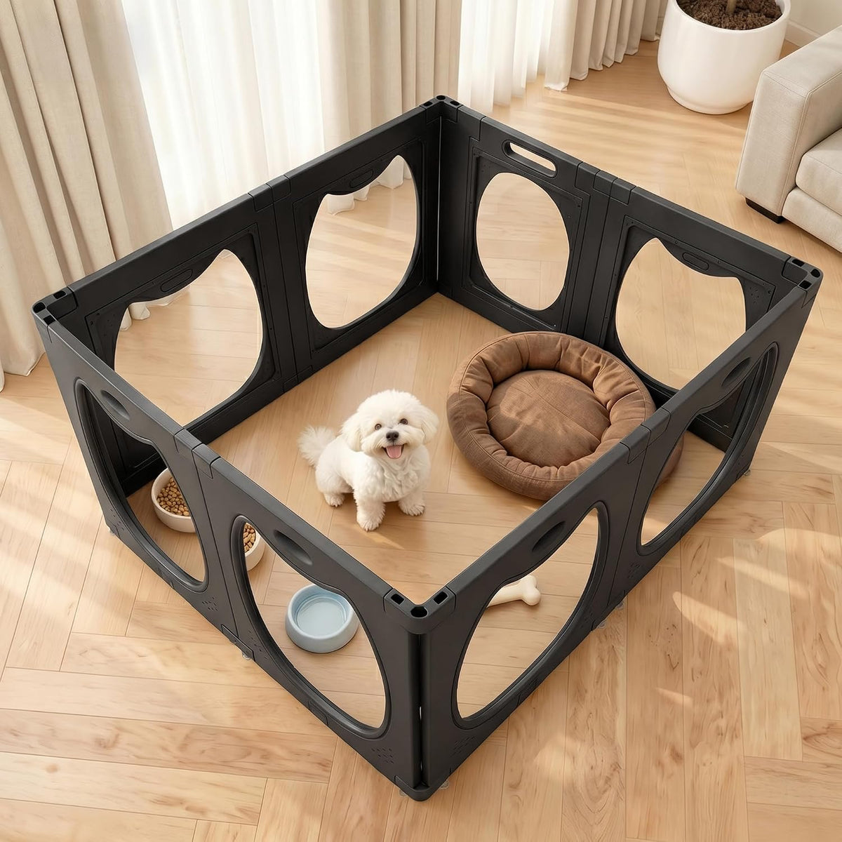 HABUTWAY Acrylic Dog Playpen for Indoor Use – Clear Small Pet Play Pen for Puppies, Cats, Rabbits & Ferrets – Easy Assemble, Durable & Portable Pet Enclosure (Black, 24" H, 8 Panels)