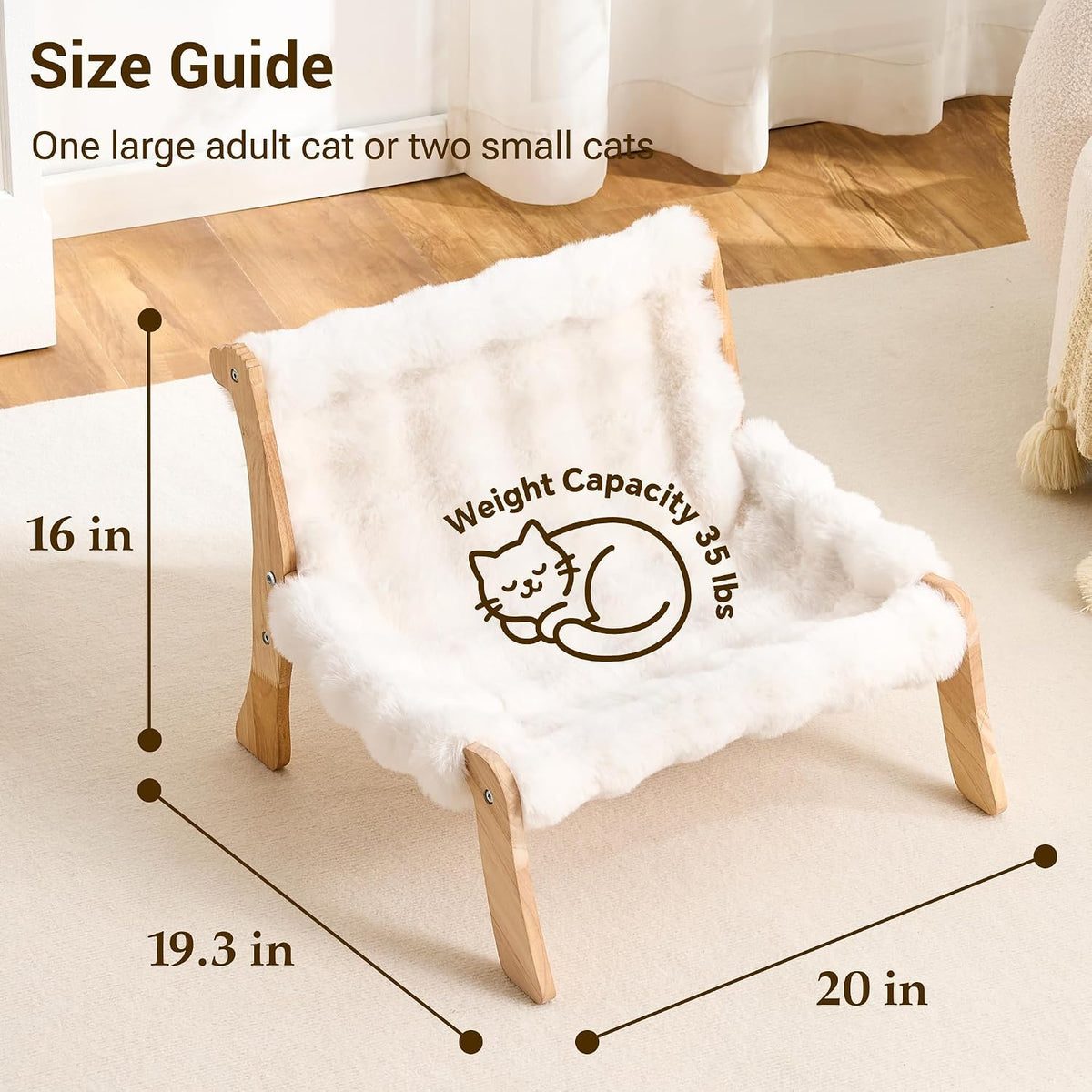 Solid Wood Cat Couch Bed for Indoor Cats, Modern Cat Sofa with Ultra-Soft Plush Surface Washable, Reclined Backrest, Elevated Elevated Cat Lounge Furniture for Small to Adult Pets, Ivory White