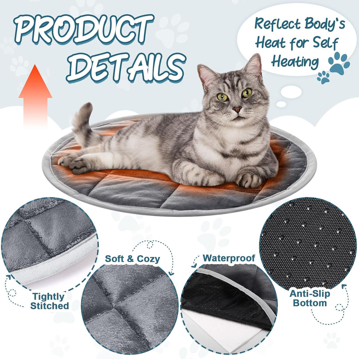 Drydiet 2 Pcs Self Warming Cat Mat Round for Cats, Gray, 16 Inch