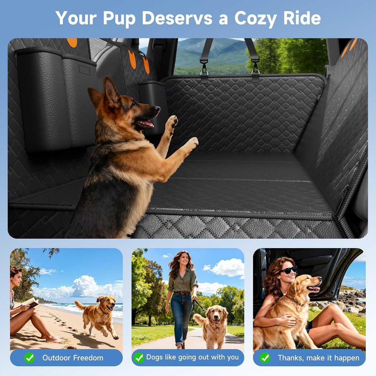 Dog Car Seat Cover Waterproof Vegan Leather, Scratchproof, Hard Bottom Back Seat Extender for Dogs, Non Slip Back Seat Protector with Mesh Window, Easy to Clean Fit Full Size Trucks, Orange