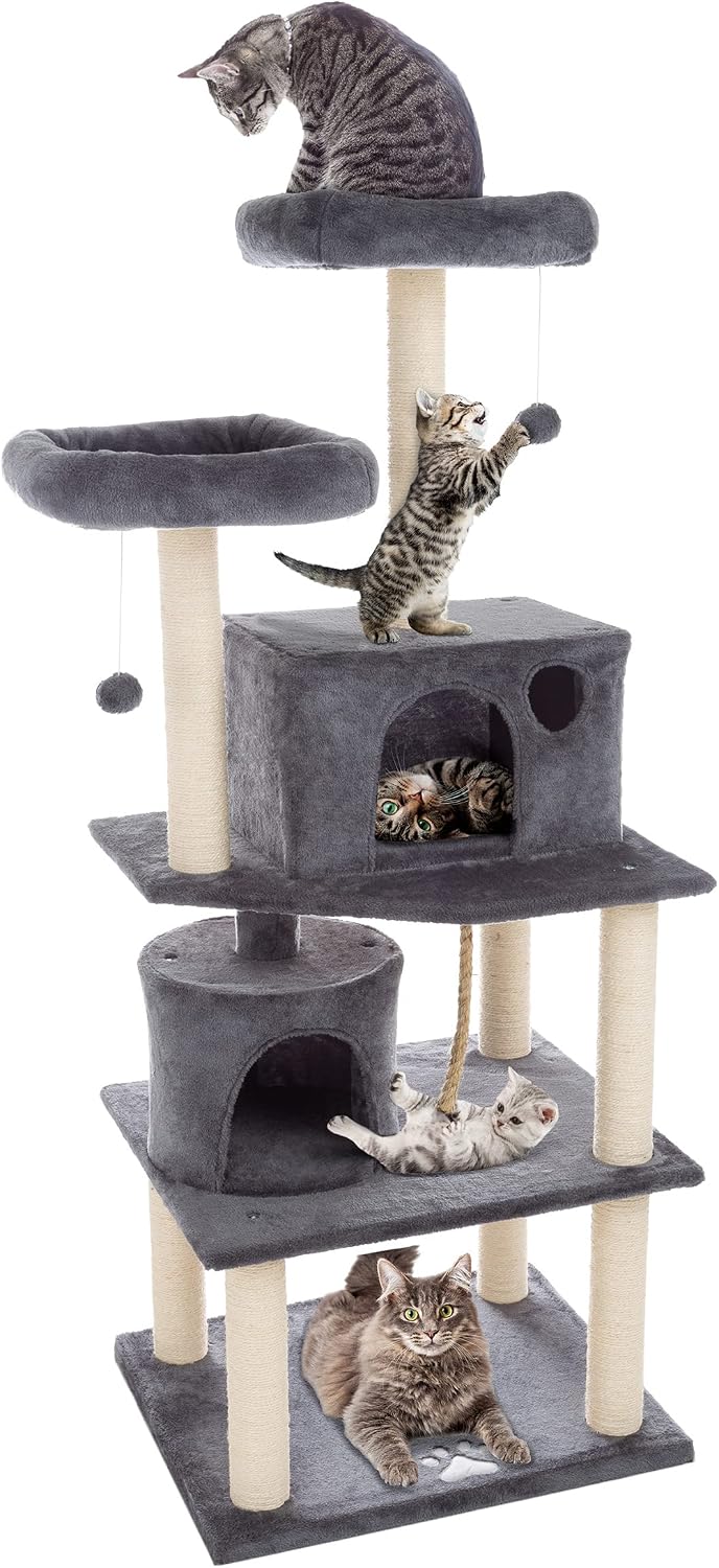 PETMAKER 4-Tier Deluxe Cat Tower - Large Scratching Board, 6 Scratch Posts, Napping Perches, Kitty Condo Hut, 2 Hammocks and Hanging Toys