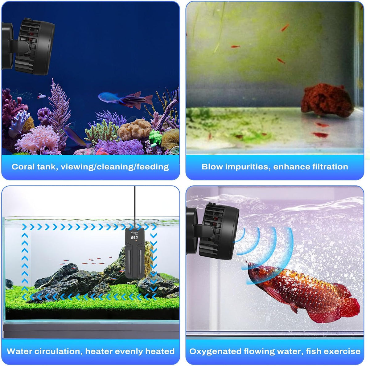 hygger DC Powerful Wave Maker For Aquarium, Quiet Aquarium Circulation Water Pump Adjustable Flow Freq, 4 Waves/Night/Feed Modes, Magnetic Holder Display Controller