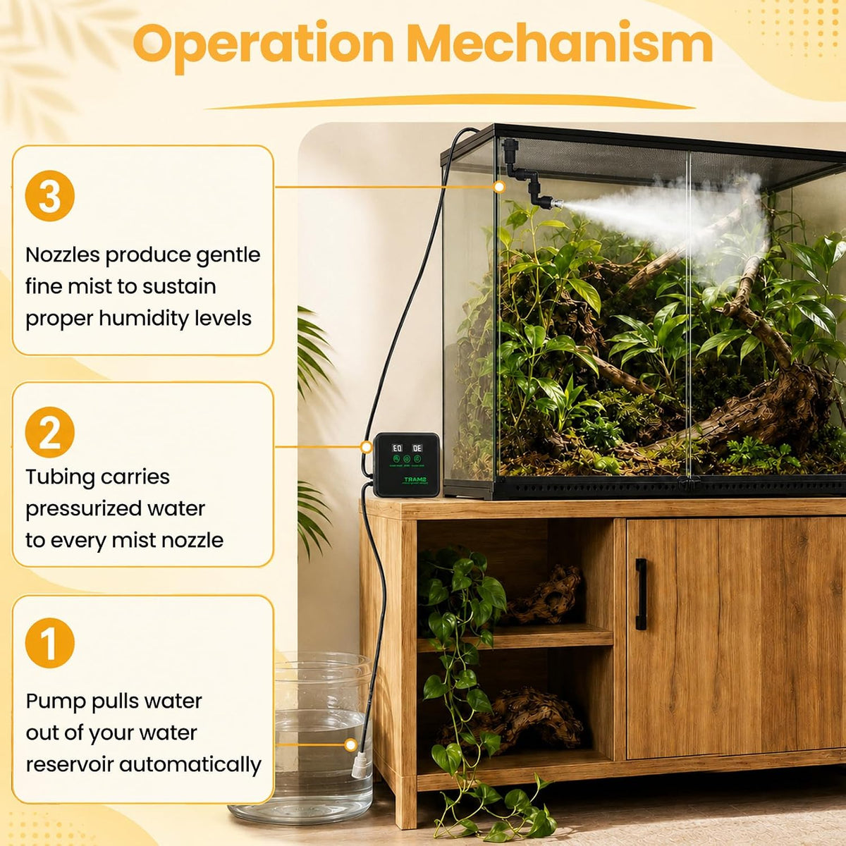 Reptile Mister, Automatic Reptile Misting System with Timer, 360°Adjustable Spray Nozzles, Humidifier for Amphibians Terrariums Rainforest Plants