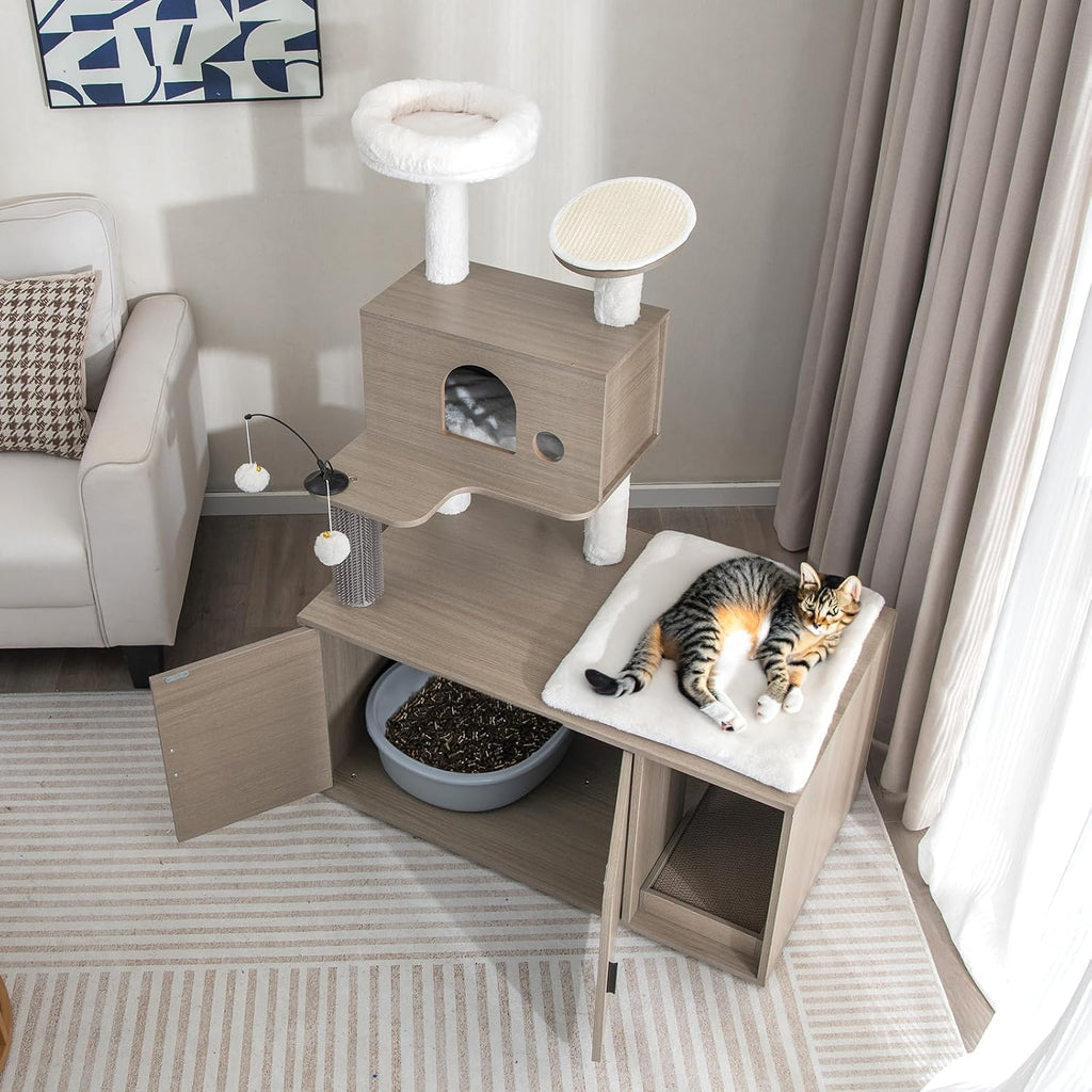 Cat Tree with Litter Box Enclosure, 2-in-1 Modern Cat Tower with Condos, Top Perch, Sisal Posts, Scratching Board, Platform, Dangling Balls, Hidden Litter Box with Cat Tree (52 Inches Tall)