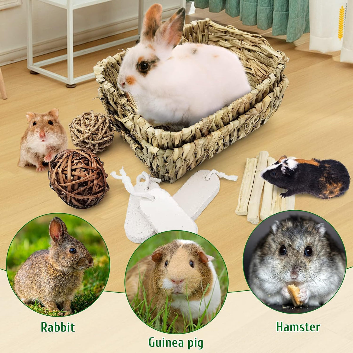 Rabbit Grass Bed for Bunny, 12 Pcs Pet Bunny Chew Toys Natural Hand-Made Woven Hay Mat Hamster Grass Basket Small Animals Bedding for Guinea Pig Chinchilla Ferret Gerbil Rat