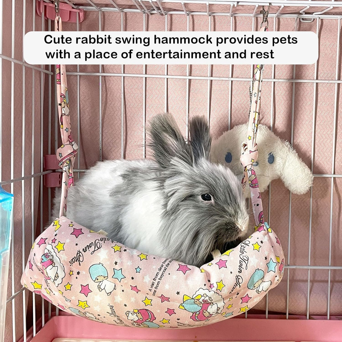 Rabbit Hammock Swing Small Animal Hanging Bed with 2 Pads (Pink Star)