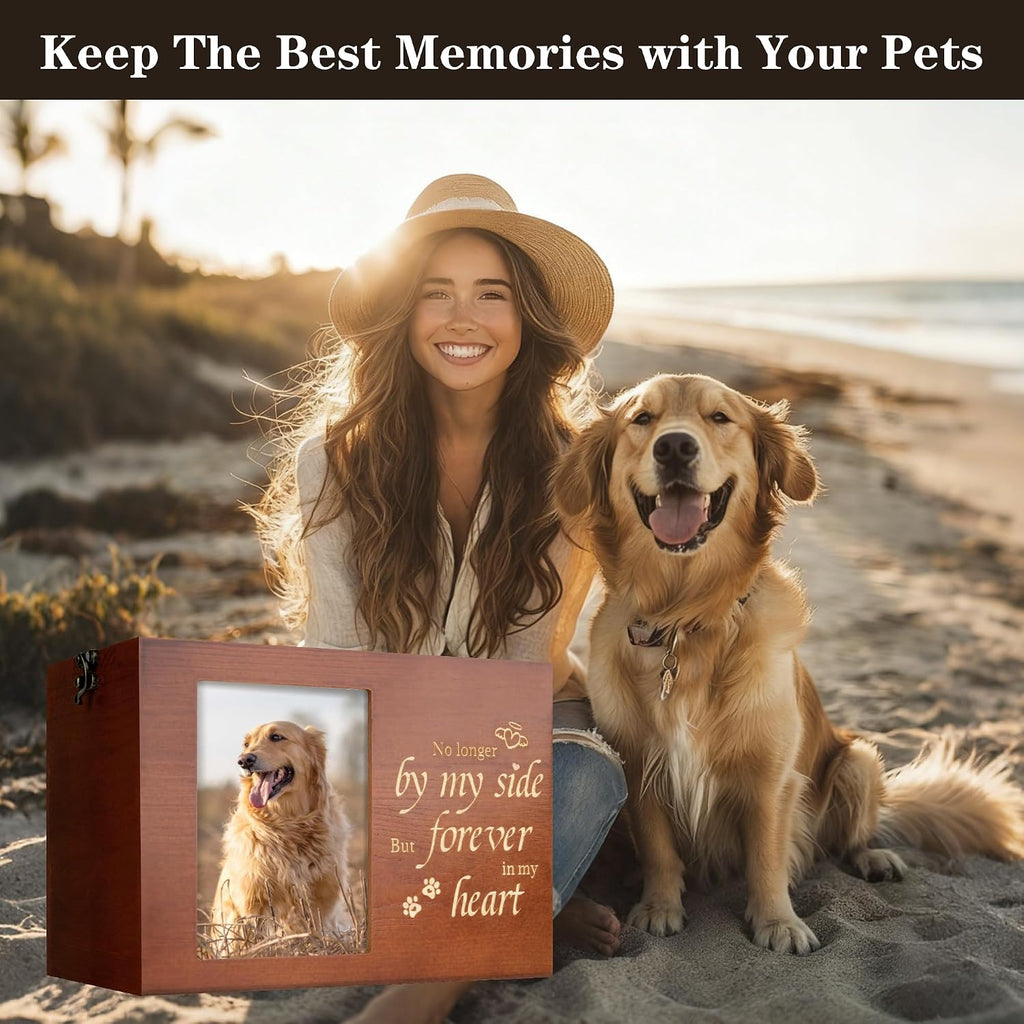 Pet Urns for Dogs or Cats Ashes with Photo Frame, Wooden Memory Box for Keepsakes with Black Flannel as Lining, Pet Memorial Gifts for Dogs (Brown Medium)