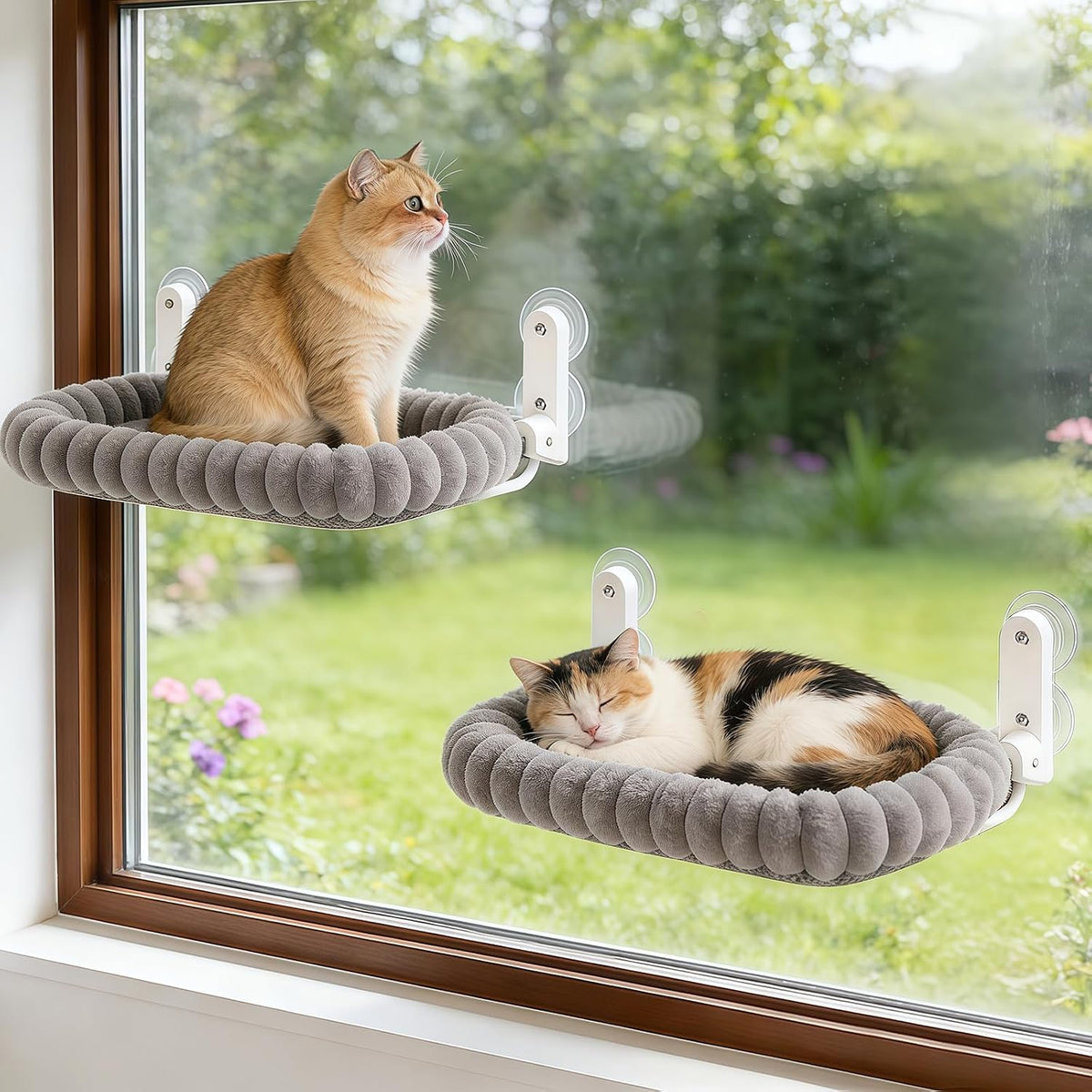 Zoratoo 2PC Cat Window Perch, Foldable & Cordless with Metal Frame, M Gray