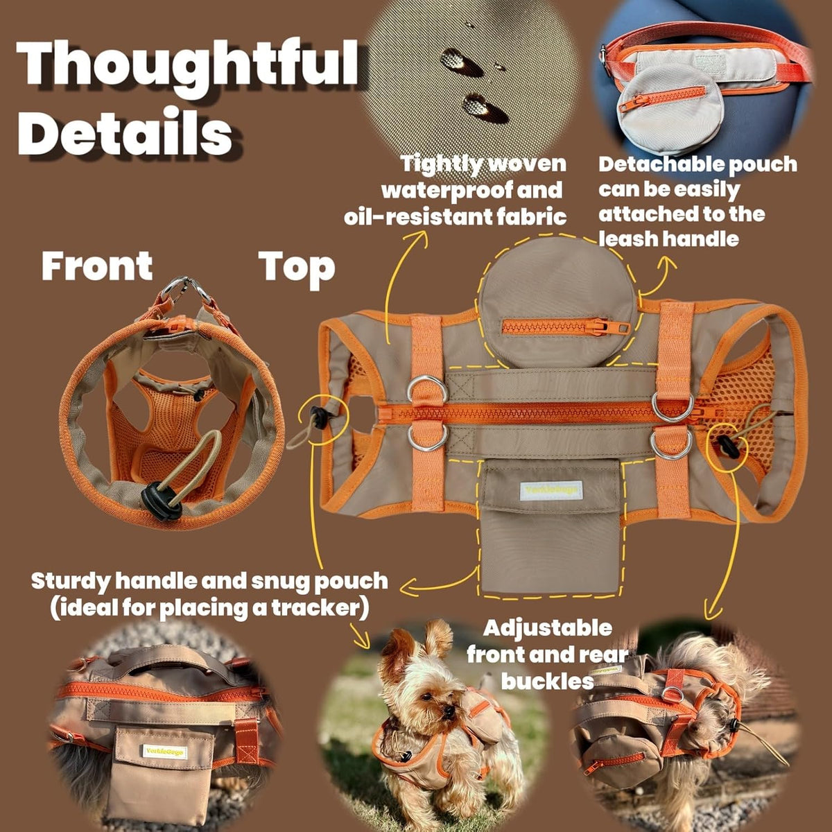 Pet Carrier Sling & Backpack, Full Body Lift Harness, Soft Lift Support and Rehab Harness for Small Dogs and Cats (Khaki, XXS)