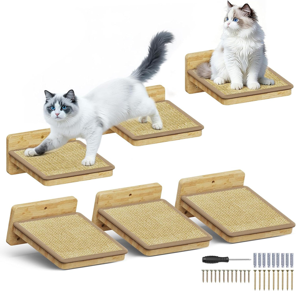 3Pcs 8"×7" Cat Wall Steps - Cat Stairs for Wall, Ladder Natural Wood with Fixtures,Turn Around or Climbing or Playing for Kittens and Adult Cats