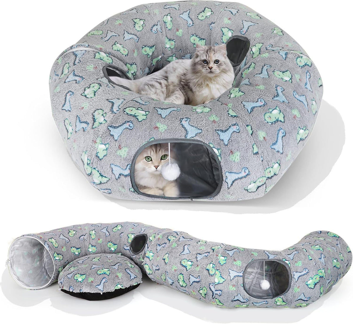 Cat Tunnel Bed, Foldable Cat Donut Tunnel with Removable Cushion & Toy Ball, Stress Relief Fun, Round Pet Play Tunnel for Indoor Cats, Kittens and Small Pets (3D Dinosaur Pattern)
