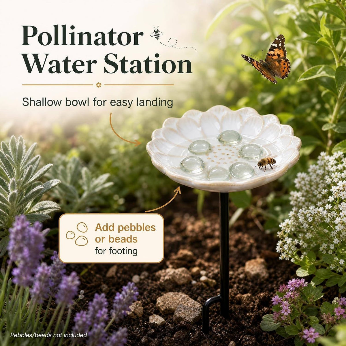 2 Pack Ceramic Bee Watering Station with Stake, Bee Bath for Garden (White)