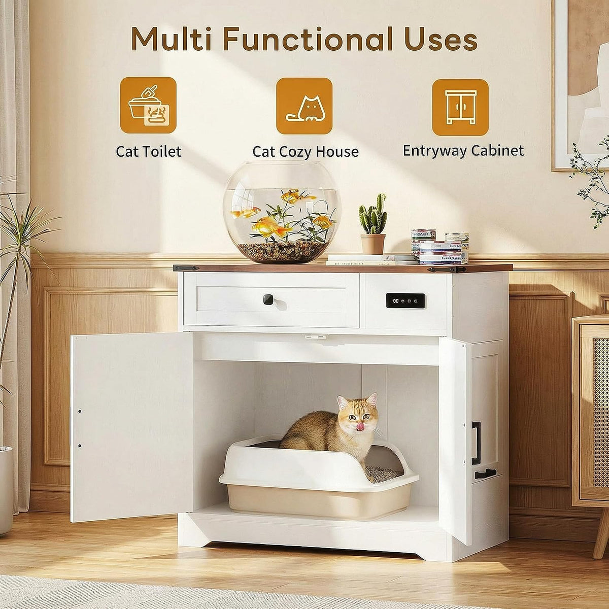 LIKIMIO 31.5" Cat Litter Box Enclosure with LED Odor Control