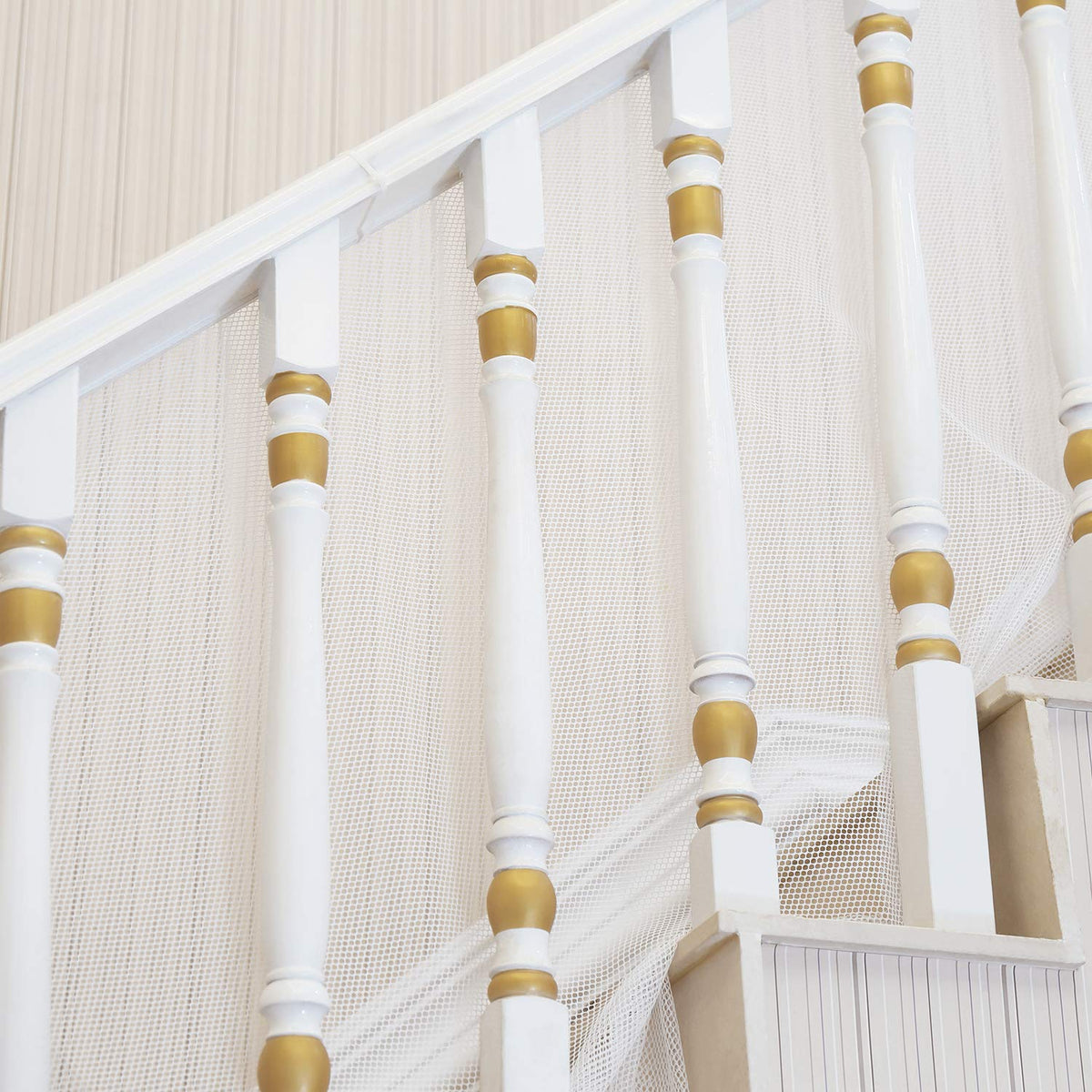 Baby Gates for Stairs with Banister, Guard Safety Net for Baby, 10ft x 3ft Stair Railing Mesh Barrier for Kids, Cats, Dogs, Child Safety Rail Guard, White