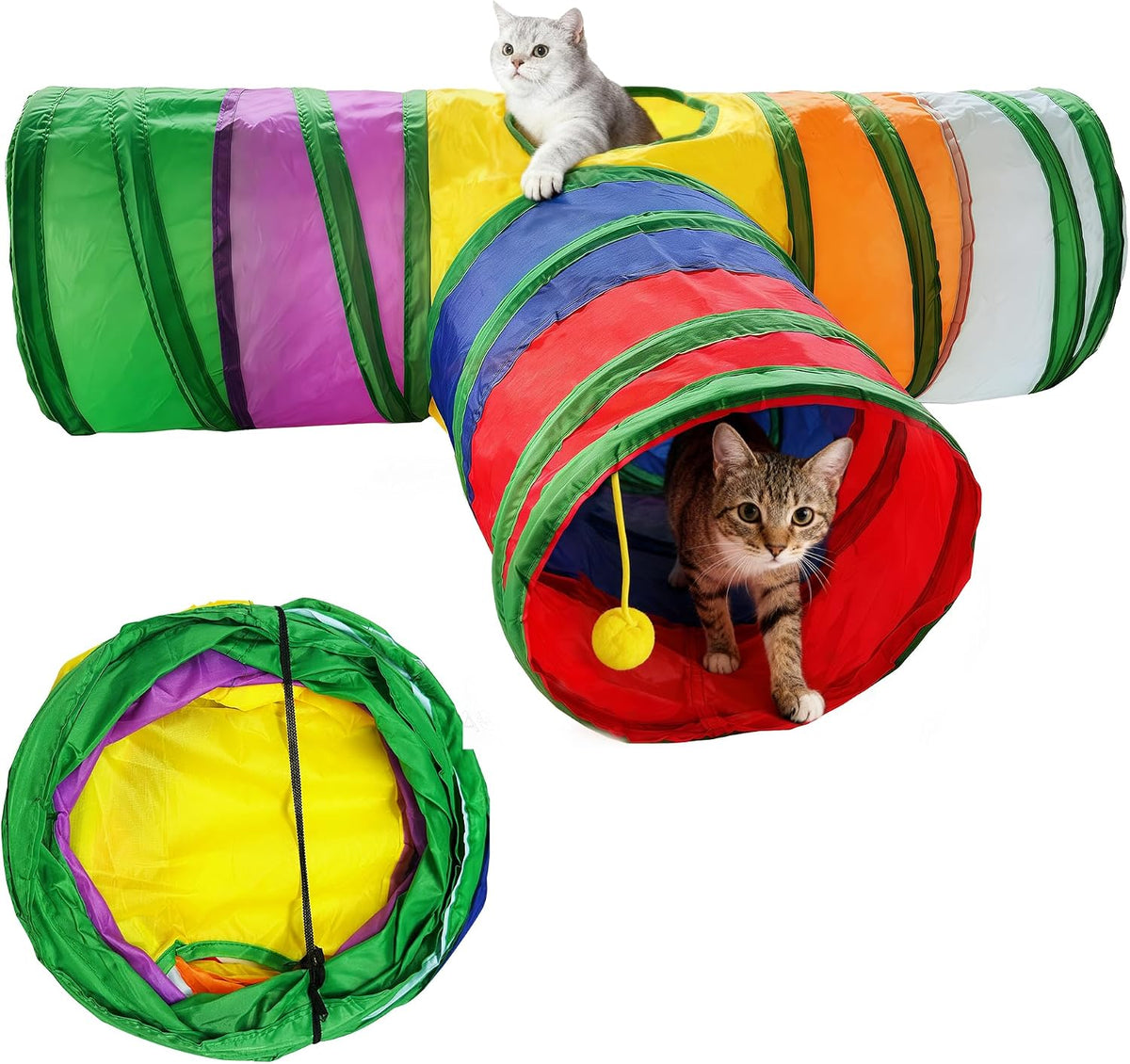 Cat Tunnel,Cat Tunnels for Indoor Cats Interactive, Pet Tunnel Toys for Cats Kitten Rabbits,3 Way Collapsible,Rainbow L 32" T Shape