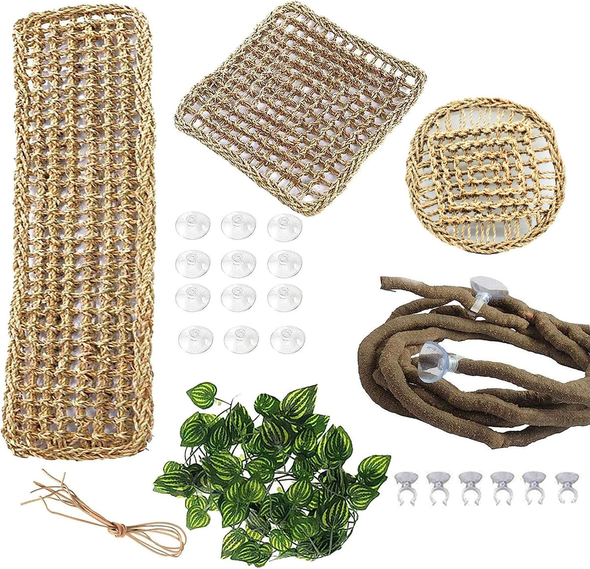 PINVNBY Bearded Dragon Hammock with Suction Cups,Lizard Lounger Natural Seagrass Reptiles Hammocks Reptile Tank Accessories Jungle Plants Climber Vines Leaves Habitat Decor for Lizards Chameleon Gecko