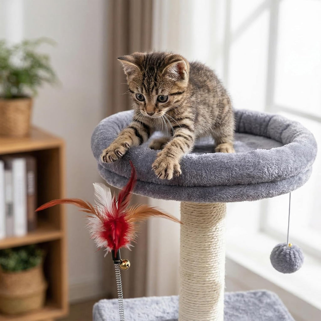 Cat Tree Tower for Indoor Cats 12lbs, Cat Tree with 3 Spacious Cat Houses & Condos, Full Sisal Scratching Posts and Cat Scratcher Toys，Grey