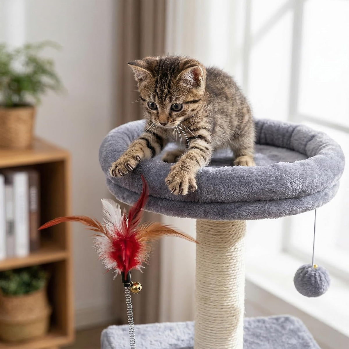 Cat Tree Tower for Indoor Cats 12lbs, Cat Tree with 3 Spacious Cat Houses & Condos, Full Sisal Scratching Posts and Cat Scratcher Toys，Grey