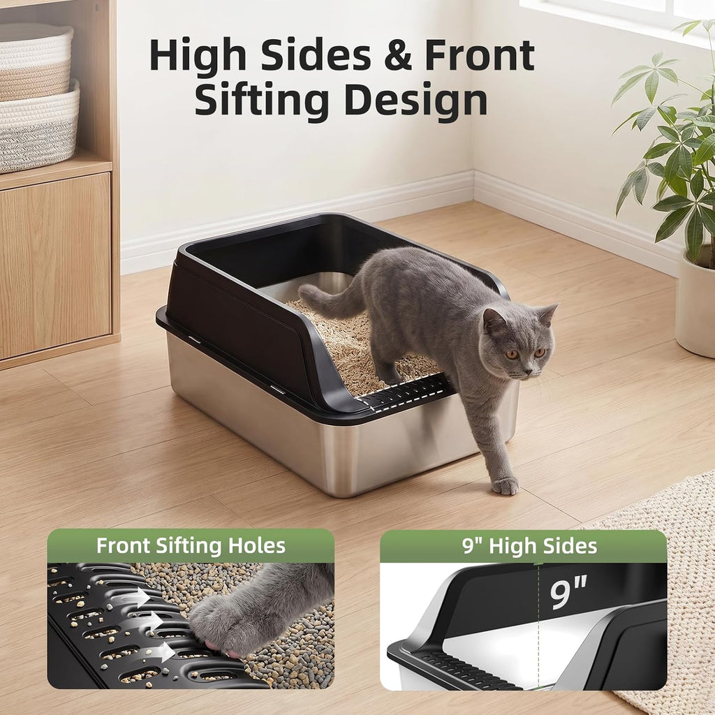 FURTIME Stainless Steel Litter Box with Lid 2Pcs, Enclosed Metal Litter Box