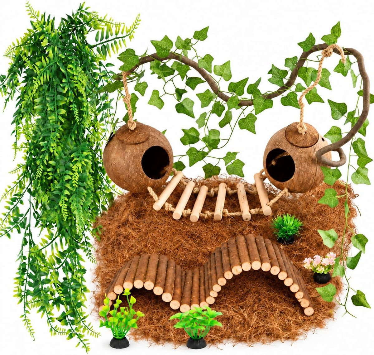 10PCS Crested Gecko Tank Accessories, Reptile Plants Bridge Vines, Coconut Shell with Ladder for Lizard, Chameleon Cage, Snakes, Hermit Crab, Leopard Gecko Tank Accessories, Terrarium Decor