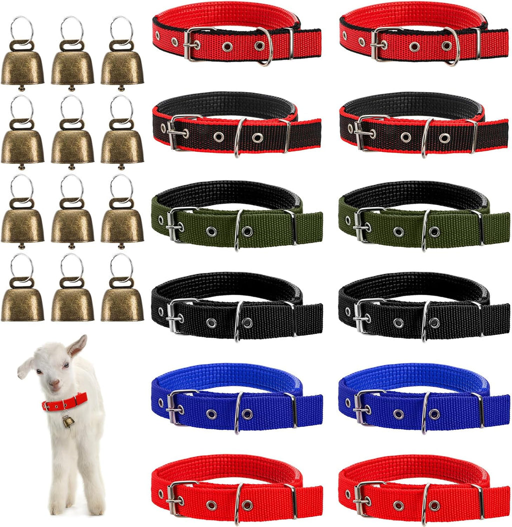Coloch 12 Pack Goat Collars with Bells, Adjustable Nylon Sheep Collar with Anti-Lost Loud Cow Bells Small Copper Bronze Bells for Sheep, Cow, Goat, Dog