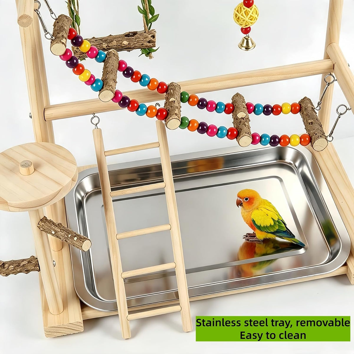 Wood Bird Playground, Bird Play Stand with Removable Tray, Feeder Cups, Ladder, Swing & Chew Toys for Cockatiel, Parakeet