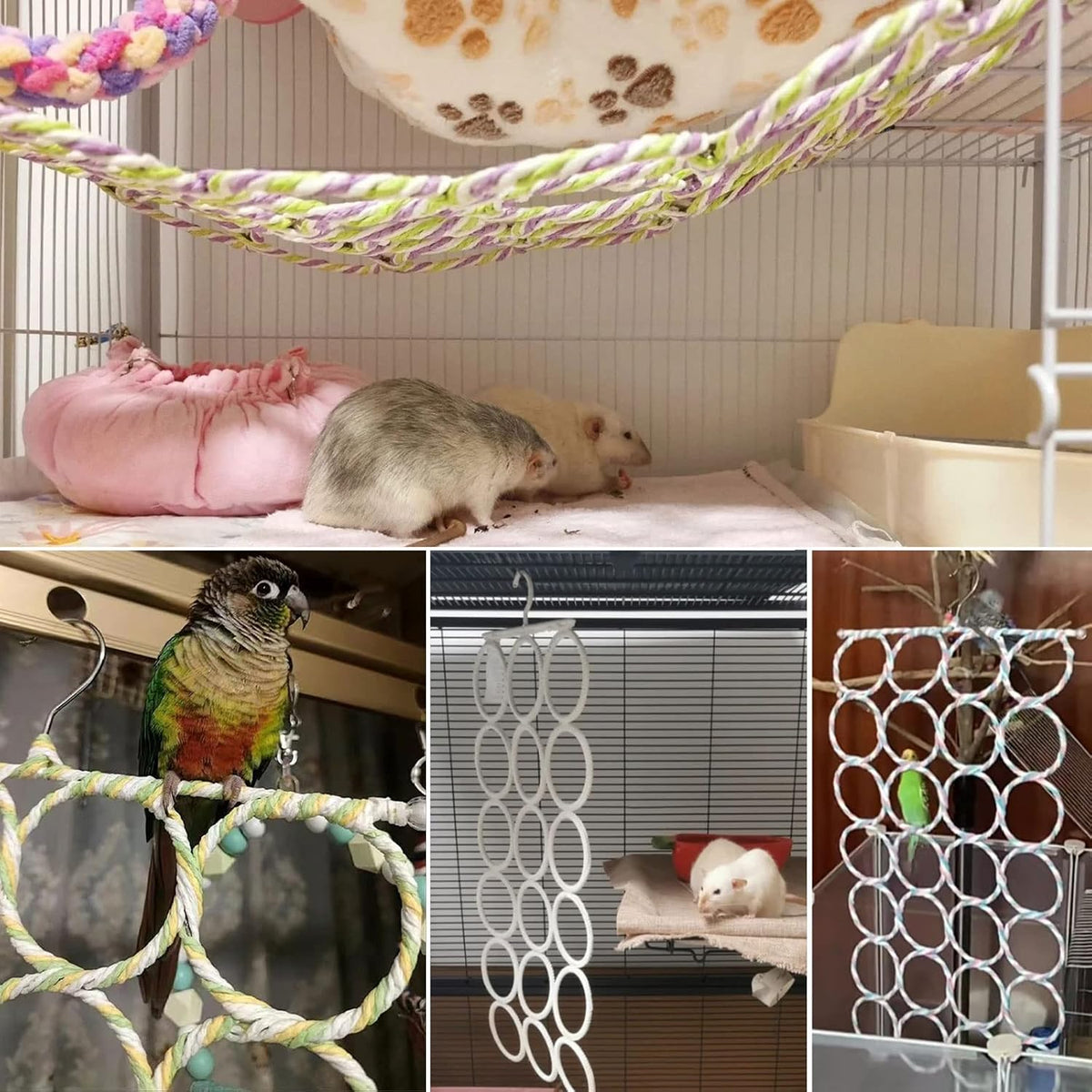 1Pcs Rat Climbing Rope Net Toy for Cage, Bird Hemp Rope Perch Swing, Ladder Ropes Bridge Hanging Hammock & Wooden Rat Climbing Toys, Natural Pet Rats Cage Accessories Climb Ladder